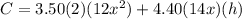 C=3.50(2)(12x^2)+4.40(14x)(h)