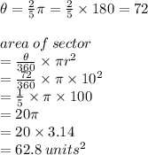 \theta =  \frac{2}{5} \pi =  \frac{2}{5}  \times 180 \degree = 72 \degree \\  \\ area \: of \: sector  \\ =  \frac{ \theta}{360 \degree}  \times \pi {r}^{2}  \\  = \frac{ 72 \degree}{360 \degree}  \times \pi  \times {10}^{2}\\  = \frac{ 1}{5}  \times \pi  \times 100 \\  = 20\pi \\  = 20 \times 3.14 \\  = 62.8 \: units^{2}