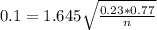 0.1 = 1.645\sqrt{\frac{0.23*0.77}{n}}