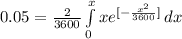 0.05 = \frac{2}{3600}\int\limits^x_0 {xe^{[-\frac{x^2}{3600} ]}} \, dx