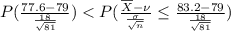 P(\frac{77.6- 79}{\frac{18}{\sqrt{81}}})< P(\frac{\overline{X} - \nu }{\frac{\sigma }{\sqrt{n}}}\leq  \frac{83.2- 79}{\frac{18}{\sqrt{81}}})
