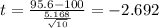 t=\frac{95.6-100}{\frac{5.168}{\sqrt{10}}}=-2.692