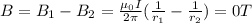 B=B_1-B_2=\frac{\mu_0I}{2\pi}(\frac{1}{r_1}-\frac{1}{r_2})=0T