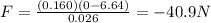 F=\frac{(0.160)(0-6.64)}{0.026}=-40.9 N