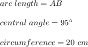 arc\ length=AB\\\\central\ angle=95\°\\\\circumference=20\ cm