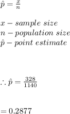 \hat p=\frac{x}{n}\\\\x-sample \ size\\n-population\ size\\\hat p-point \ estimate\\\\\\\\\therefore \hat p=\frac{328}{1140}\\\\\\=0.2877