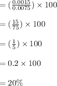 = (\frac{0.0015}{0.0075}) \times 100 \\\\ = (\frac{15}{75}) \times 100 \\\\ = (\frac{1}{5}) \times 100 \\\\ =0.2 \times 100\\\\= 20 \%\\