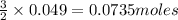 \frac{3}{2}\times 0.049=0.0735moles