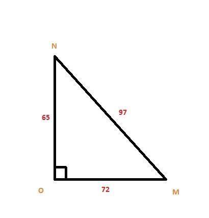 In ΔMNO, the measure of ∠O=90°, ON = 65, MO = 72, and NM = 97. What is the value of the tangent of ∠