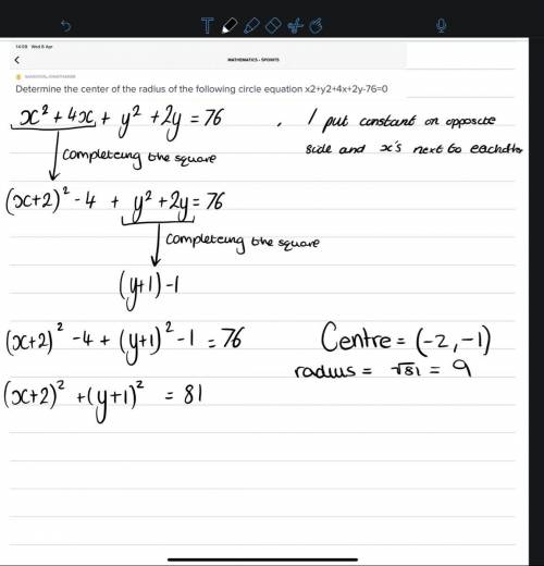 Determine the center of the radius of the following circle equation x2+y2+4x+2y-76=0