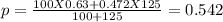 p = \frac{100X0.63+0.472X125}{100+125} = 0.542