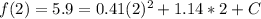 f(2)= 5.9 = 0.41 (2)^2 + 1.14*2 +C