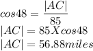 cos 48 =\dfrac{|AC|}{85} \\|AC|=85 X cos 48\\|AC|=56.88 miles