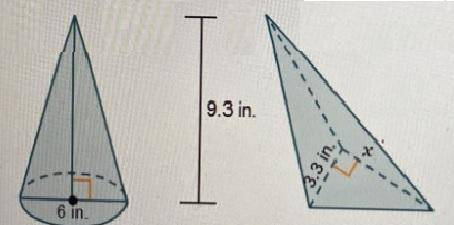 A cone and a triangular pyramid have a height of 9.3 m and their cross-sectional areas are equal at