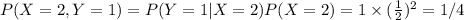 P(X=2,Y=1)=P(Y=1|X=2)P(X=2)=1\times(\frac{1}{2} )^2=1/4