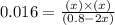 0.016=\frac{(x)\times (x)}{(0.8-2x)}
