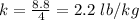 k=\frac{8.8}{4}=2.2\ lb/kg