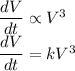 \dfrac{dV}{dt}\propto V^3\\\dfrac{dV}{dt}=kV^3