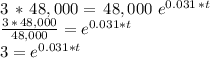 3\,*\,48,000=\,48,000\,\,e^{0.031\,*t}\\\frac{3\,*\,48,000}{48,000} =e^{0.031*t}\\3=e^{0.031*t}