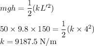 mgh=\dfrac{1}{2}(kL'^{2} )\\\\50 \times 9.8 \times 150=\dfrac{1}{2}(k \times 4^{2} )\\k = 9187.5 \;\rm N/m