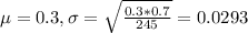 \mu = 0.3, \sigma = \sqrt{\frac{0.3*0.7}{245}} = 0.0293