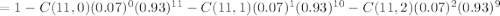 =1- C(11,0)(0.07)^0(0.93)^{11}- C(11,1)(0.07)^1(0.93)^{10}- C(11,2)(0.07)^2(0.93)^{9}