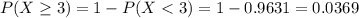 P(X \geq 3) = 1 - P(X < 3) = 1 - 0.9631 = 0.0369