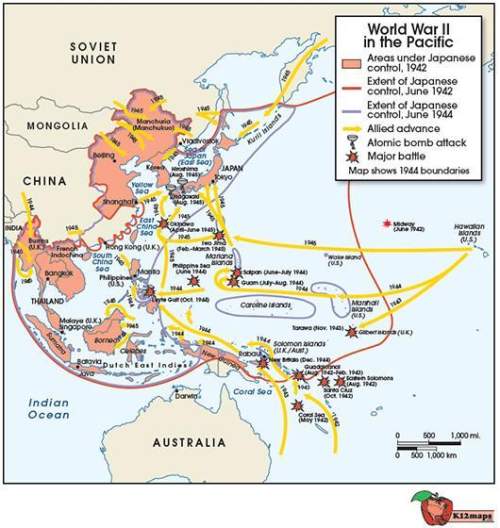 Amap shows world war ii in the pacific. yellow arrows indicate the years in which allied forces push