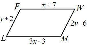 Fwml is a parallelogram. find the values of x and y. solve for the value of z, if z=x−y