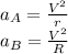 a_{A} =\frac{V^{2} }{r} \\a_{B} =\frac{V^{2} }{R}