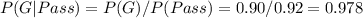 P(G|Pass)=P(G)/P(Pass)=0.90/0.92=0.978