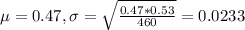 \mu = 0.47, \sigma = \sqrt{\frac{0.47*0.53}{460}} = 0.0233