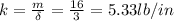 k=\frac{m}{\delta } =\frac{16}{3} =5.33lb/in