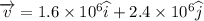 \overrightarrow{v}=1.6\times 10^{6}\widehat{i}+2.4\times 10^{6}\widehat{j}