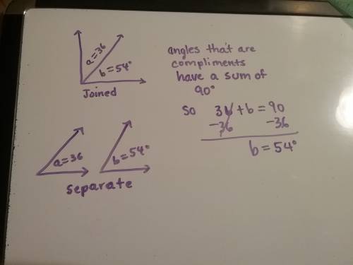 If angle a and angle b are complements and m angle a=36 degrees, what is angle b