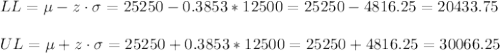 LL=\mu-z\cdot \sigma=25250-0.3853*12500=25250-4816.25=20433.75\\\\ UL=\mu+z\cdot \sigma=25250+0.3853*12500=25250+4816.25= 30066.25