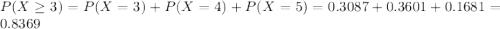 P(X \geq 3) = P(X = 3) + P(X = 4) + P(X = 5) = 0.3087 + 0.3601 + 0.1681 = 0.8369