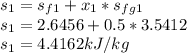 s_{1} = s_{f1} + x_{1} * s_{fg1}\\s_{1} = 2.6456 + 0.5*3.5412\\s_{1} = 4.4162 kJ/kg