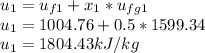 u_{1} = u_{f1} + x_{1} * u_{fg1}\\u_{1} = 1004.76 + 0.5*1599.34\\u_{1} = 1804.43 kJ/kg