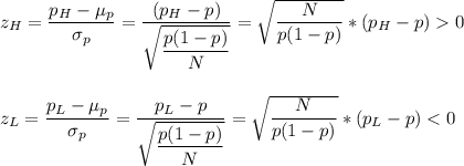 z_H=\dfrac{p_H-\mu_p}{\sigma_p}=\dfrac{(p_H-p)}{\sqrt{\dfrac{p(1-p)}{N}}}=\sqrt{\dfrac{N}{p(1-p)}}*(p_H-p)0\\\\\\z_L=\dfrac{p_L-\mu_p}{\sigma_p}=\dfrac{p_L-p}{\sqrt{\dfrac{p(1-p)}{N}}}=\sqrt{\dfrac{N}{p(1-p)}}*(p_L-p)