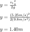 y=\frac{v_1_y^{2}}{2g}\\\\y=\frac{(5.25m/s)^{2}}{2(9.8m/s^{2})}\\\\y=1.40m