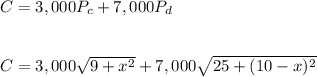 C=3,000P_c+7,000P_d\\\\\\C=3,000\sqrt{9+x^2}+7,000\sqrt{25+(10-x)^2}