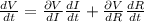 \frac{dV}{dt}=\frac{\partial V}{dI}\frac{dI}{dt}+\frac{\partial V}{dR}\frac{dR}{dt}