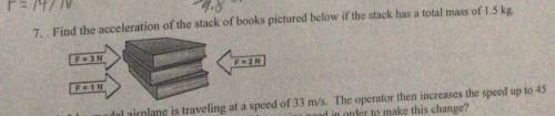 Find the acceleration of the stack of books pictured below if the stack has a total mass of 1.5kg