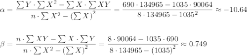 \begin{aligned} 							\alpha &= \frac{\sum{Y} \cdot \sum{X^2} - \sum{X} \cdot \sum{XY} }{n \cdot \sum{X^2} - \left(\sum{X}\right)^2} =							      \frac{ 690 \cdot 134965 - 1035 \cdot 90064}{ 8 \cdot 134965 - 1035^2} \approx -10.64 \\ \\\beta  &= \frac{ n \cdot \sum{XY} - \sum{X} \cdot \sum{Y}}{n \cdot \sum{X^2} - \left(\sum{X}\right)^2} 							= \frac{ 8 \cdot 90064 - 1035 \cdot 690 }{ 8 \cdot 134965 - \left( 1035 \right)^2} \approx 0.749\end{aligned}