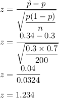 z=\dfrac{\hat{p}-p}{\sqrt{\dfrac{p(1-p)}{n}}}\\\\z=\dfrac{0.34-0.3}{\sqrt{\dfrac{0.3\times 0.7}{200}}}\\\\z=\dfrac{0.04}{0.0324}\\\\z=1.234