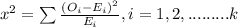 x^{2} = \sum \frac{(O_{i} - E_{i})  ^{2} }{E_{i} } ,   i = 1, 2,.........k