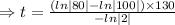 \Rightarrow t=\frac{(ln|80|-ln|100|)\times 130}{-{ln|2|}}