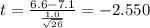 t=\frac{6.6-7.1}{\frac{1.0}{\sqrt{26}}}=-2.550