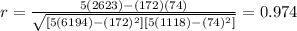 r=\frac{5(2623)-(172)(74)}{\sqrt{[5(6194) -(172)^2][5(1118) -(74)^2]}}=0.974